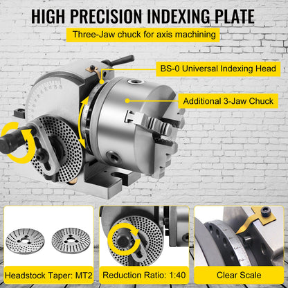BS-0 Precision Dividing Head, Horizontal Dividing Head with 3-Jaw Chuck, MT2 End Mill BS-0 5" Semi-Universal Dividing Head for Milling Machine Gear Cutting