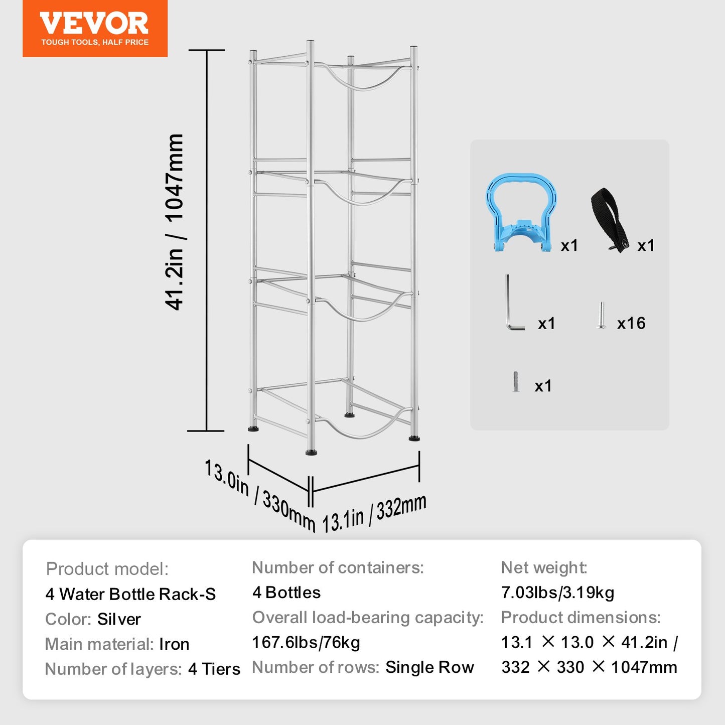 4-Tier Water Bottle Holder Single Row Water Bottle Rack for 4 Bottles Silver