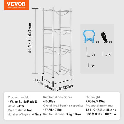 4-Tier Water Bottle Holder Single Row Water Bottle Rack for 4 Bottles Silver