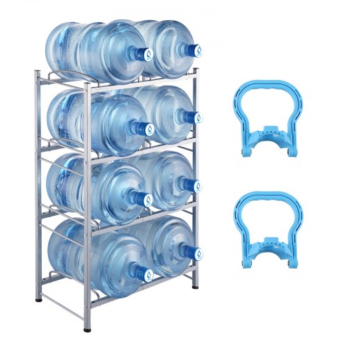 4 Tiers Water Jug Holder, 5 Gallon Water Bottle Holder, Double Row Water Bottle Rack for 8 Bottles, Heavy Duty Water Jug Rack for Kitchen, Office, Living Room, Silver
