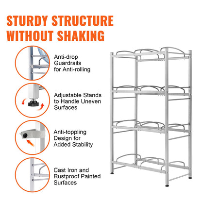 4 Tiers Water Jug Holder, 5 Gallon Water Bottle Holder, Double Row Water Bottle Rack for 8 Bottles, Heavy Duty Water Jug Rack for Kitchen, Office, Living Room, Silver