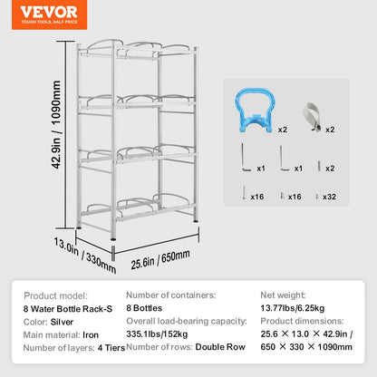 4 Tiers Water Jug Holder, 5 Gallon Water Bottle Holder, Double Row Water Bottle Rack for 8 Bottles, Heavy Duty Water Jug Rack for Kitchen, Office, Living Room, Silver