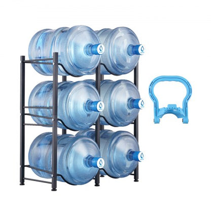 3 Tiers Water Jug Holder, 5 Gallon Water Bottle Holder, Double Row Water Bottle Rack for 6 Bottles, Heavy Duty Water Jug Rack for Kitchen, Office, Living Room, Black