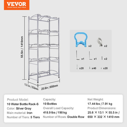 5-stufiger Wasserflaschenhalter, zweireihig, Wasserflaschenregal, 10 Flaschen, silbergrau
