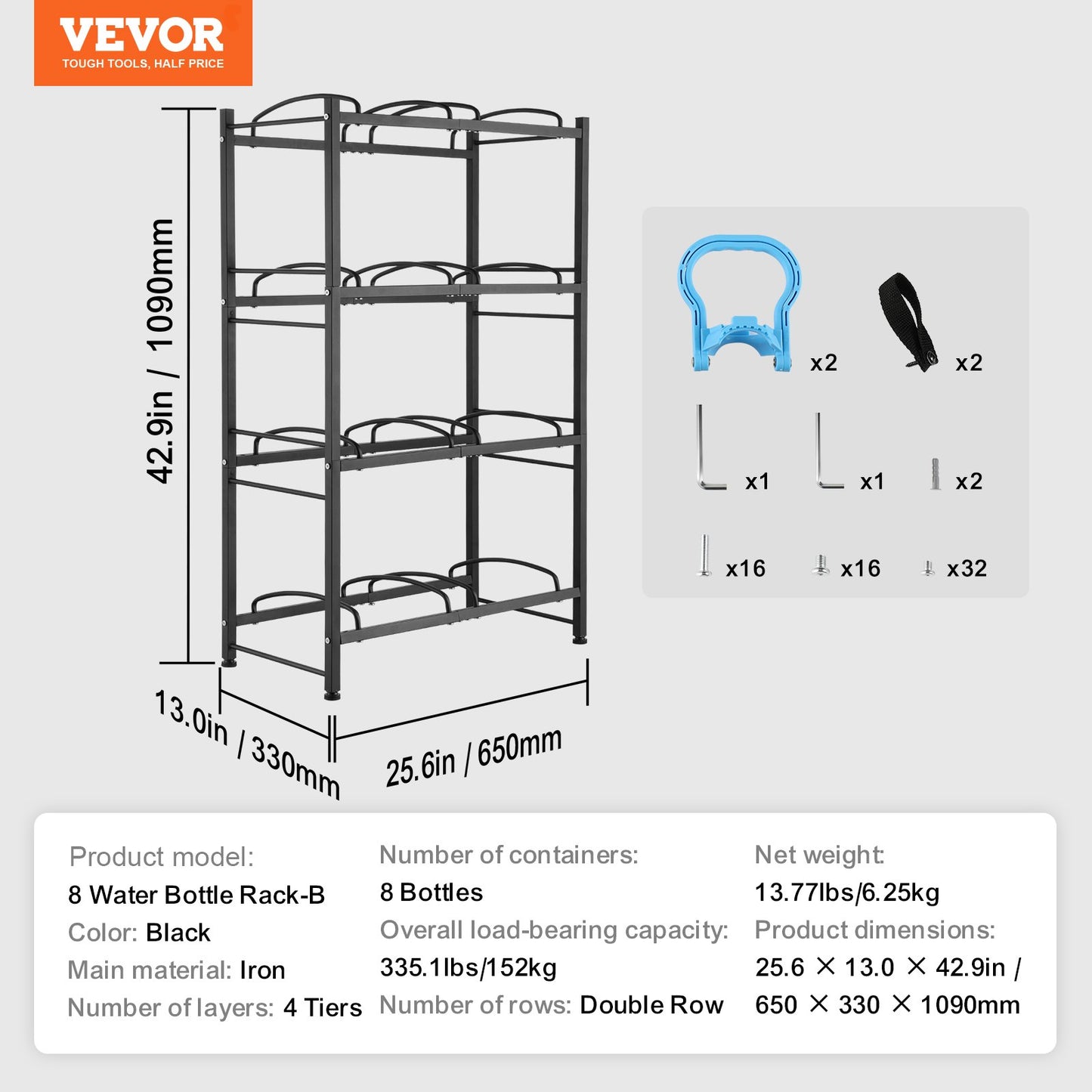 4-stufiger Wasserflaschenhalter, zweireihiges Wasserflaschenregal für 8 Flaschen, Schwarz