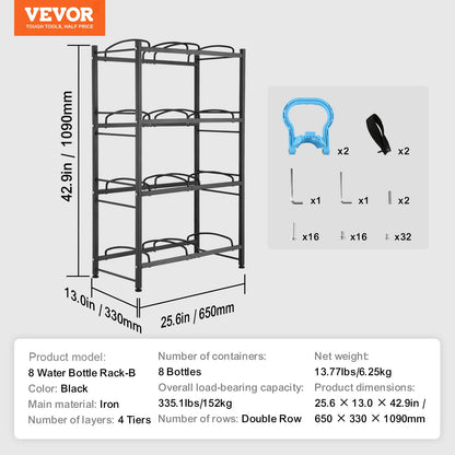 4-stufiger Wasserflaschenhalter, zweireihiges Wasserflaschenregal für 8 Flaschen, Schwarz