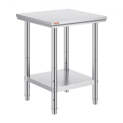 Stainless Steel Prep Table, 24 x 24 x 31 Inch, 700 lbs Load Capacity, Heavy Duty Metal Worktable with 3 Adjustable Height Levels, Commercial Workstation for Kitchen Garage Restaurant Backyard