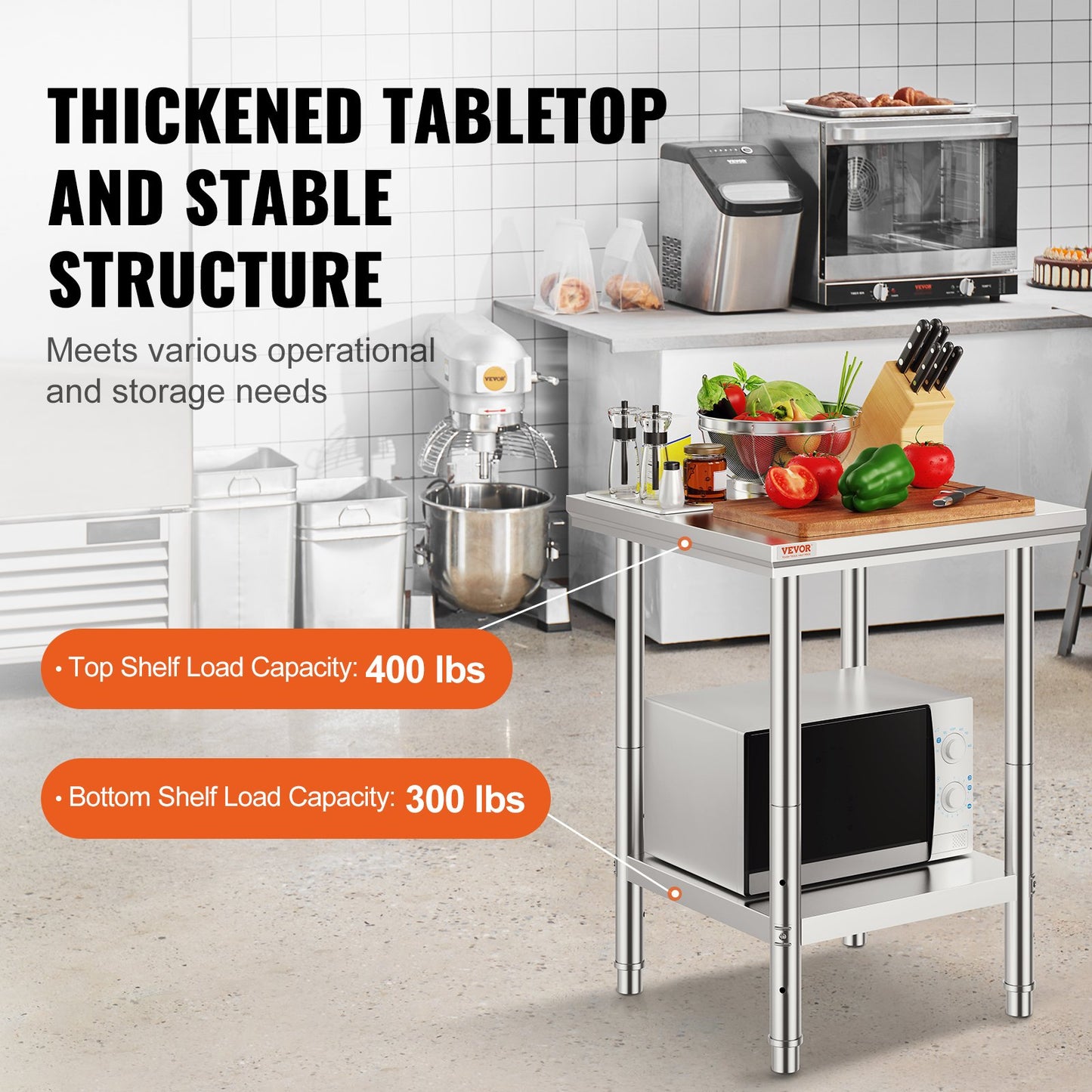 Stainless Steel Prep Table, 24 x 24 x 31 Inch, 700 lbs Load Capacity, Heavy Duty Metal Worktable with 3 Adjustable Height Levels, Commercial Workstation for Kitchen Garage Restaurant Backyard