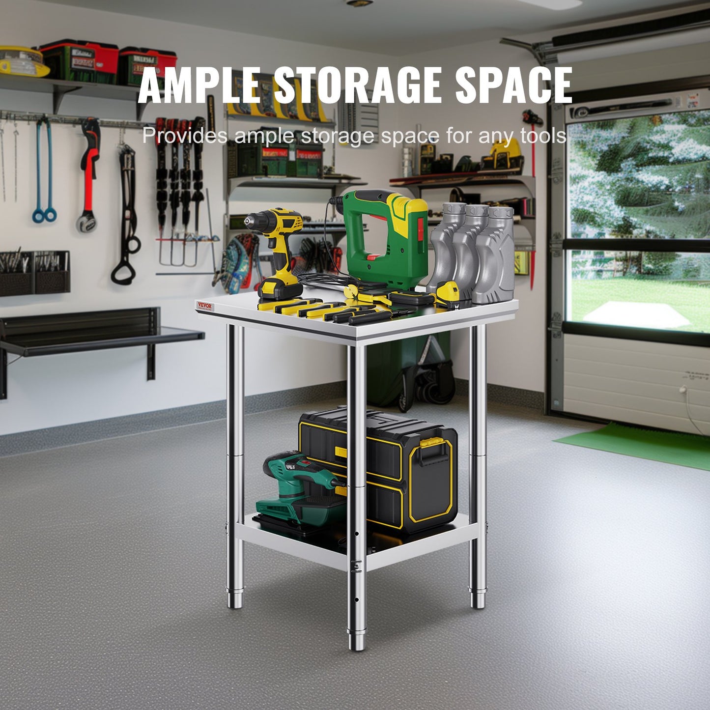 Stainless Steel Prep Table, 24 x 24 x 31 Inch, 700 lbs Load Capacity, Heavy Duty Metal Worktable with 3 Adjustable Height Levels, Commercial Workstation for Kitchen Garage Restaurant Backyard