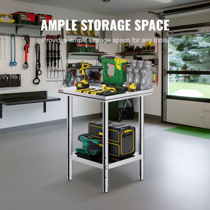 Stainless Steel Prep Table, 24 x 24 x 31 Inch, 700 lbs Load Capacity, Heavy Duty Metal Worktable with 3 Adjustable Height Levels, Commercial Workstation for Kitchen Garage Restaurant Backyard
