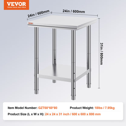Stainless Steel Prep Table, 24 x 24 x 31 Inch, 700 lbs Load Capacity, Heavy Duty Metal Worktable with 3 Adjustable Height Levels, Commercial Workstation for Kitchen Garage Restaurant Backyard