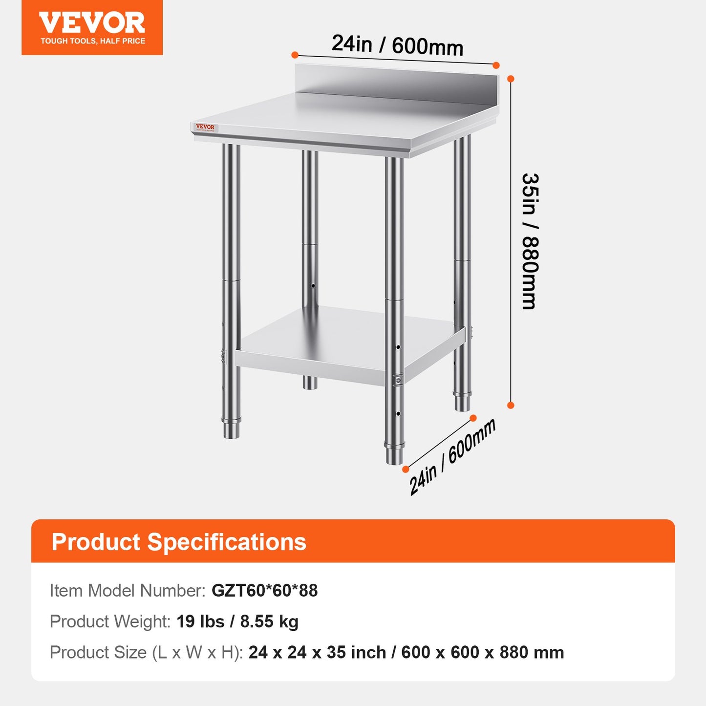 24 x 24 x 35 Inch Stainless Steel Work Table, Commercial Food Prep Worktable Heavy Duty Prep Worktable, Metal Work Table with Adjustable Height for Restaurant, Home and Hotel