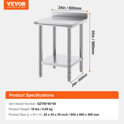 24 x 24 x 35 Inch Stainless Steel Work Table, Commercial Food Prep Worktable Heavy Duty Prep Worktable, Metal Work Table with Adjustable Height for Restaurant, Home and Hotel