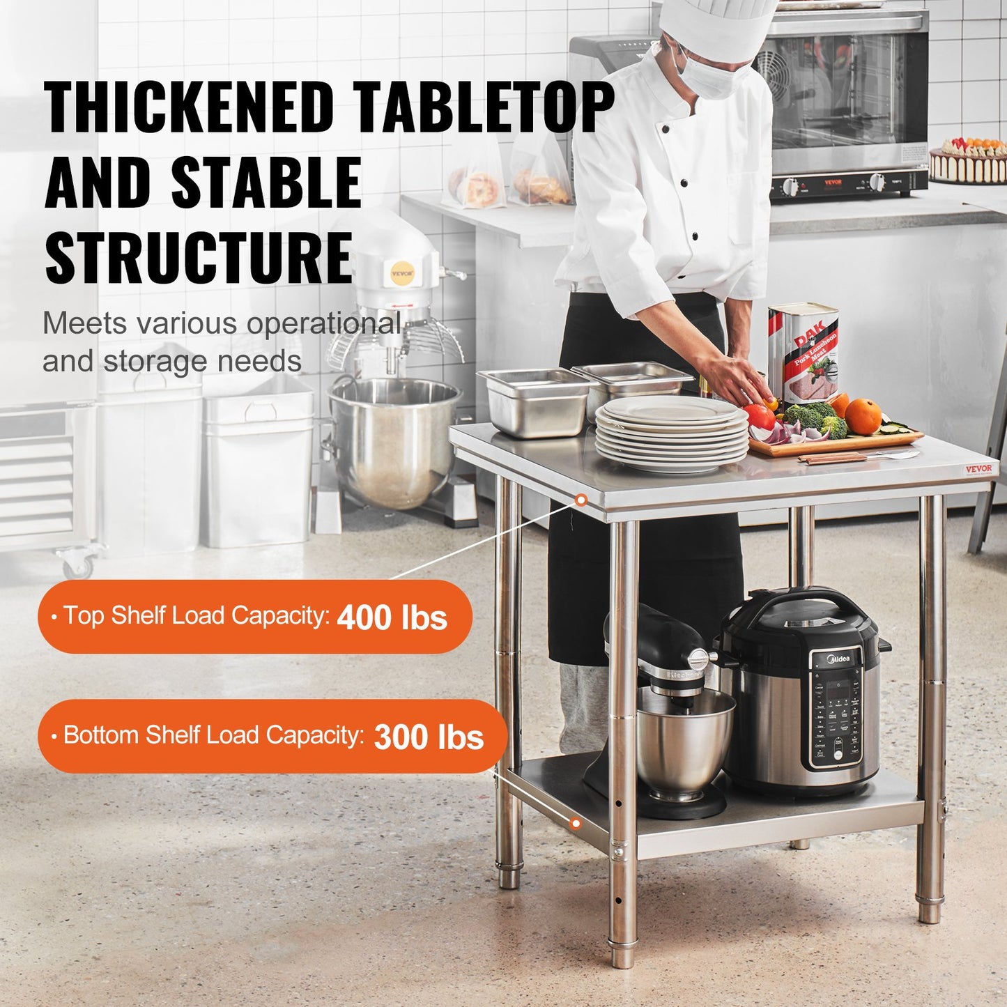 Stainless Steel Prep Table, 24 x 30 x 31 Inch, 700 lbs Load Capacity, Heavy Duty Metal Worktable with 3 Adjustable Height Levels, Commercial Workstation for Kitchen Garage Restaurant Backyard