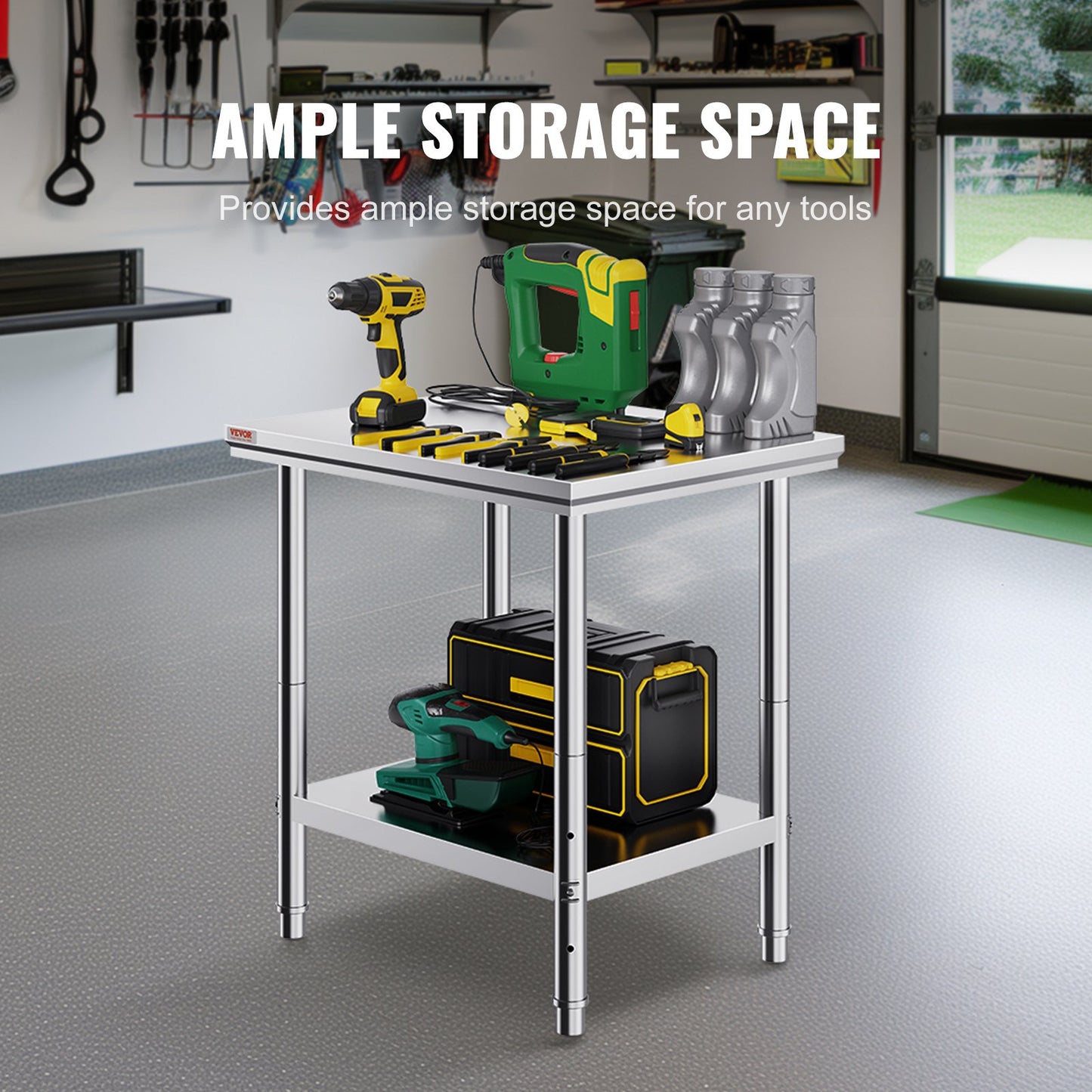 Stainless Steel Prep Table, 24 x 30 x 31 Inch, 700 lbs Load Capacity, Heavy Duty Metal Worktable with 3 Adjustable Height Levels, Commercial Workstation for Kitchen Garage Restaurant Backyard