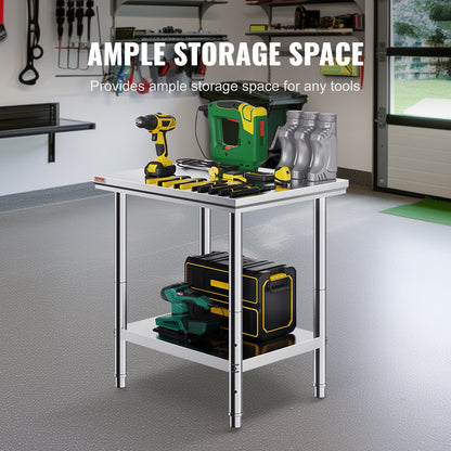Stainless Steel Prep Table, 24 x 30 x 31 Inch, 700 lbs Load Capacity, Heavy Duty Metal Worktable with 3 Adjustable Height Levels, Commercial Workstation for Kitchen Garage Restaurant Backyard