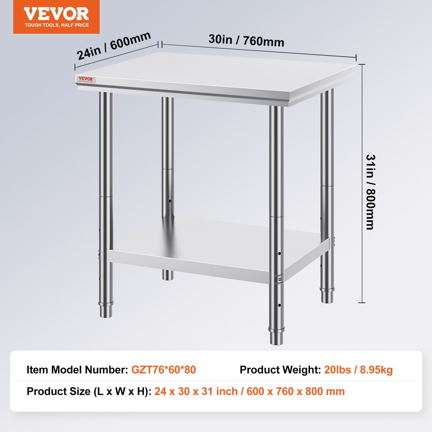 Stainless Steel Prep Table, 24 x 30 x 31 Inch, 700 lbs Load Capacity, Heavy Duty Metal Worktable with 3 Adjustable Height Levels, Commercial Workstation for Kitchen Garage Restaurant Backyard