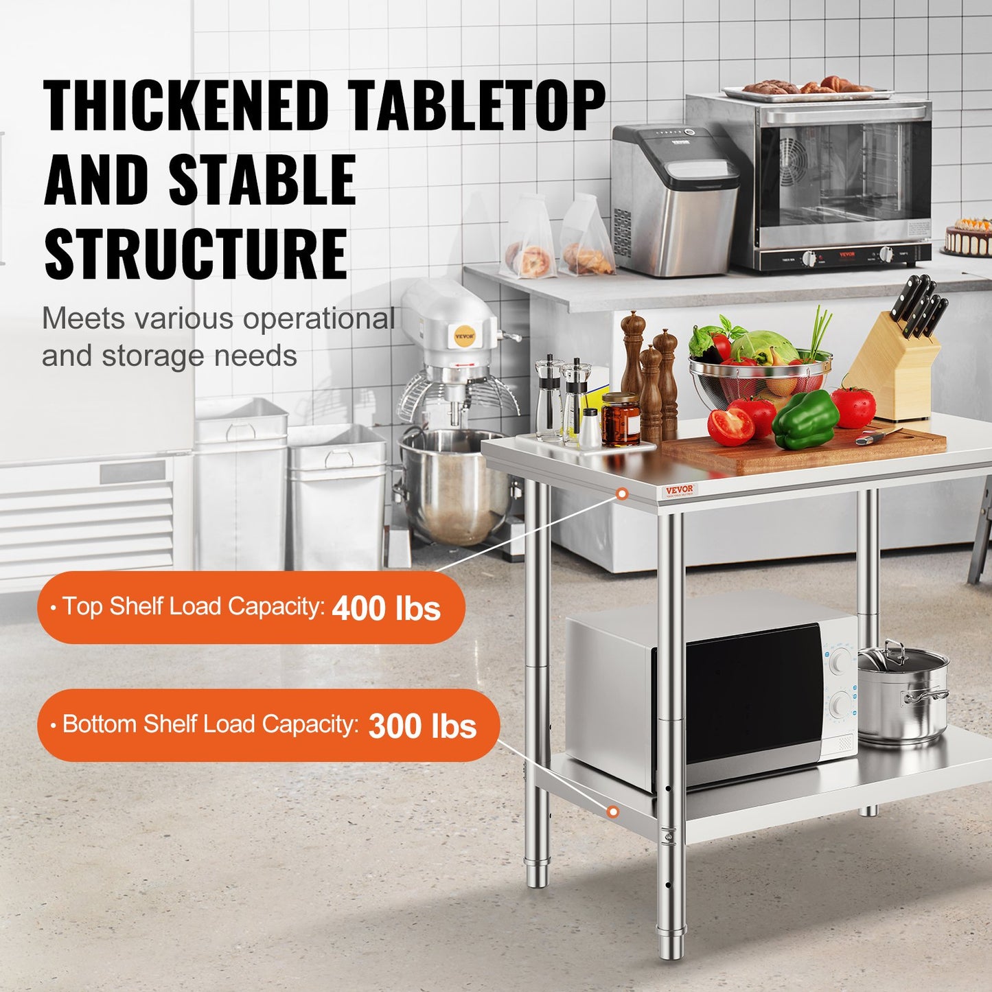 Stainless Steel Prep Table, 900x600x800 mm, 700 lbs Load Capacity, Heavy Duty Metal Worktable with 3 Adjustable Height Levels, Commercial Workstation for Kitchen Garage Restaurant Backyard