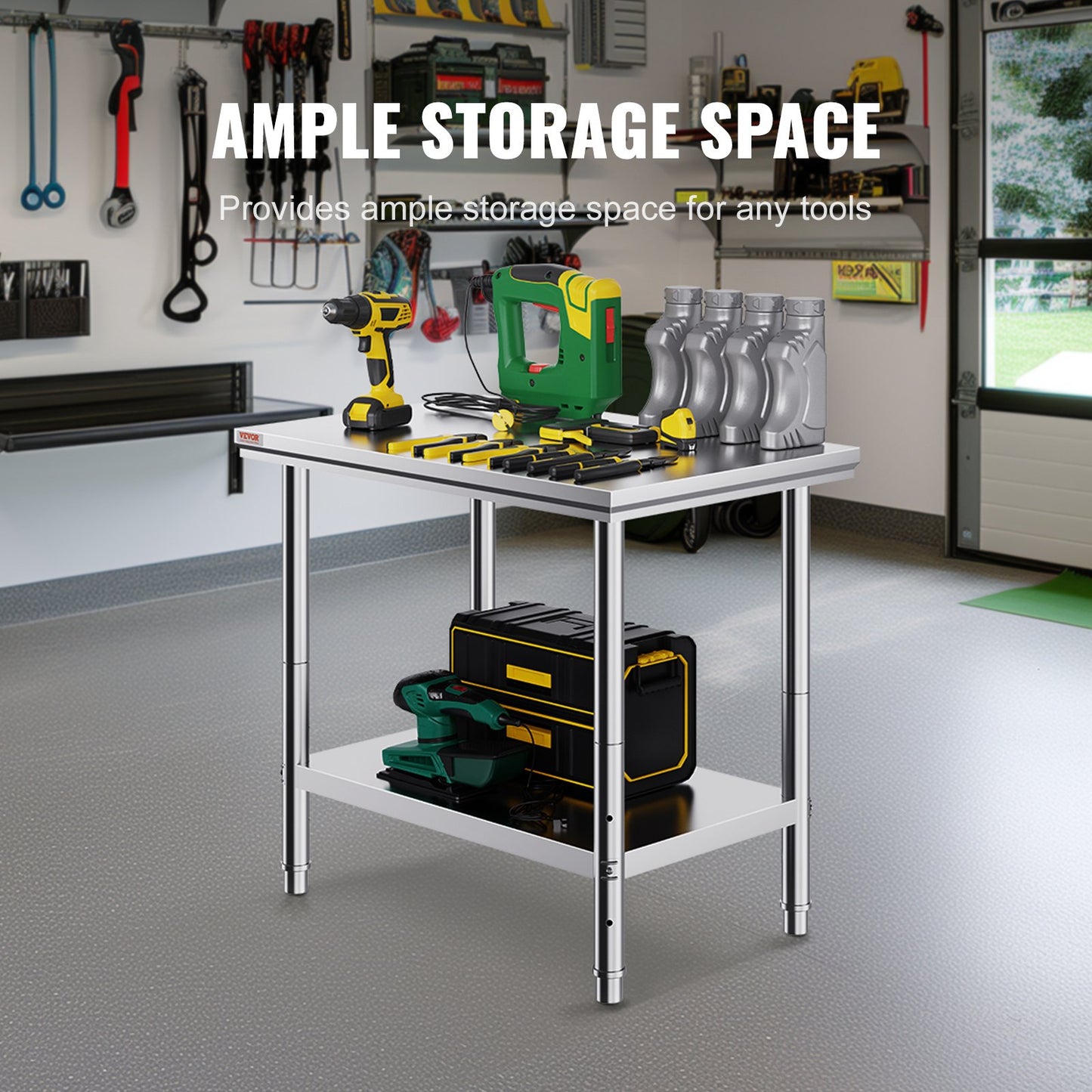 Stainless Steel Prep Table, 900x600x800 mm, 700 lbs Load Capacity, Heavy Duty Metal Worktable with 3 Adjustable Height Levels, Commercial Workstation for Kitchen Garage Restaurant Backyard