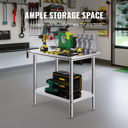 Stainless Steel Prep Table, 900x600x800 mm, 700 lbs Load Capacity, Heavy Duty Metal Worktable with 3 Adjustable Height Levels, Commercial Workstation for Kitchen Garage Restaurant Backyard