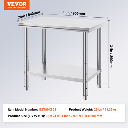 Arbeitstisch 24 x 36 x 32 Zoll NSF-Edelstahl-Arbeitstisch für gewerbliche Küchenvorbereitungswerkbank 60 x 90 x 80 cm mit unterem Regal, Arbeitstisch in Silber für gewerbliche Küchenrestaurants