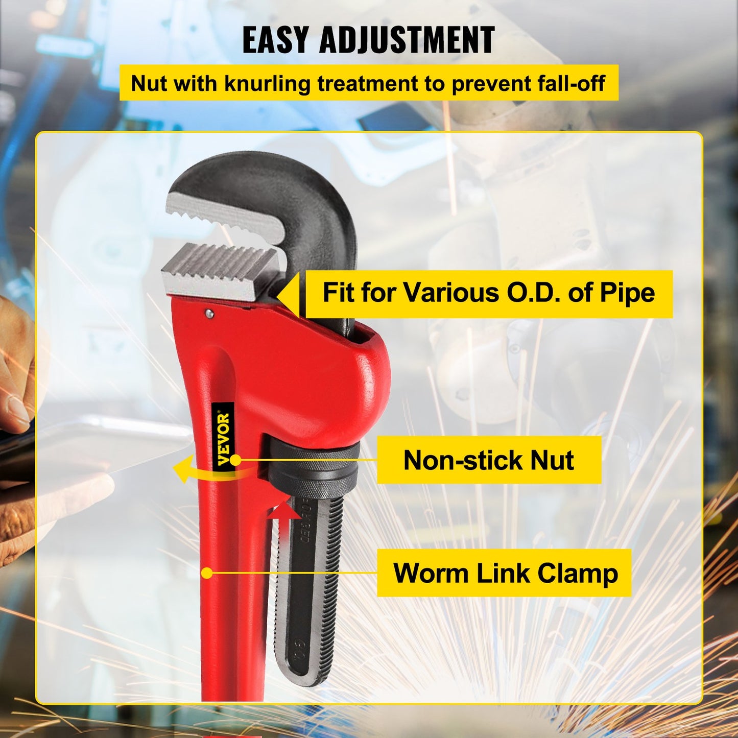 Rörnyckel, 60 tum, Kraftig gjutjärn Rak VVS-skiftnyckel, Justerbart VVS-verktyg för Handfat Kran Toalettskål Badrum Köksavlopp Reparation Installation