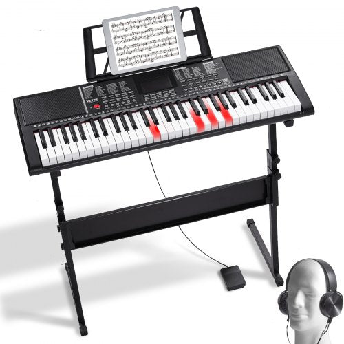 61 Key Digital Keyboard Piano, Lighted Keys, Electric Portable Piano with Adjustable Stand 600 Tones 500 Rhythms Built-In Speakers Sustain Pedal Headphones, USB MIDI for Beginners