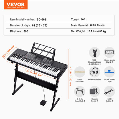 61 keys digital keyboard Piano electric portable with adjustable stand