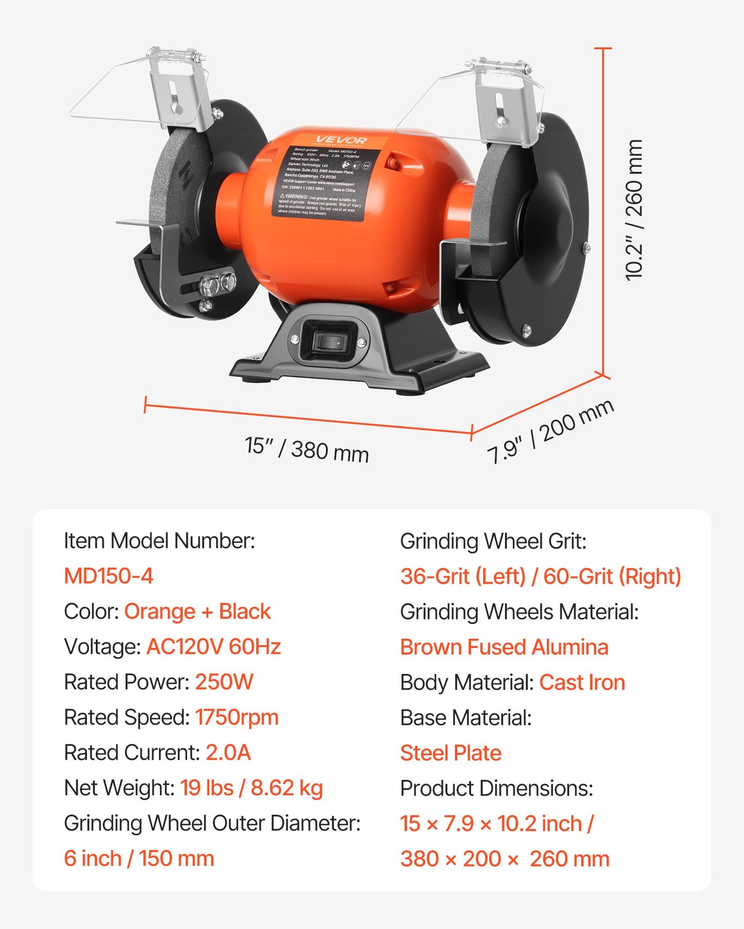 Bench Grinder, 6-inch Single Speed Bench Grinder, 1750RPM Low-Speed Table Grinders with 250W 2A Induction Motor, 36/60-Grit Grinding Wheels & Adjustable Tool Rest for Precise Sharpening Grinding