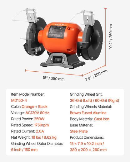 Bench Grinder, 6-inch Single Speed Bench Grinder, 1750RPM Low-Speed Table Grinders with 250W 2A Induction Motor, 36/60-Grit Grinding Wheels & Adjustable Tool Rest for Precise Sharpening Grinding