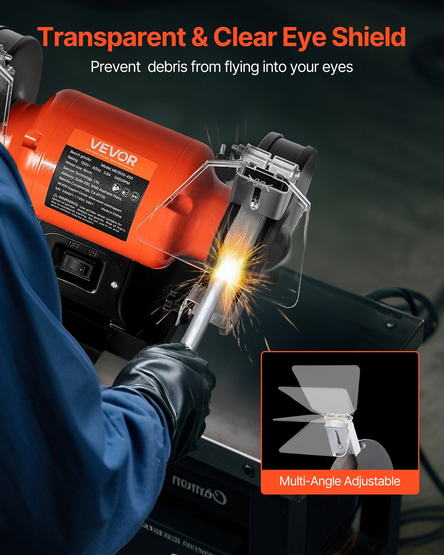 Bench Grinder, 6-inch Single Speed Bench Grinder, 3450RPM High-Speed Table Grinders with 450W 3.8A Induction Motor, 36/60-Grit Grinding Wheel & Adjustable Eye Shield for Fast Sharpening Grinding