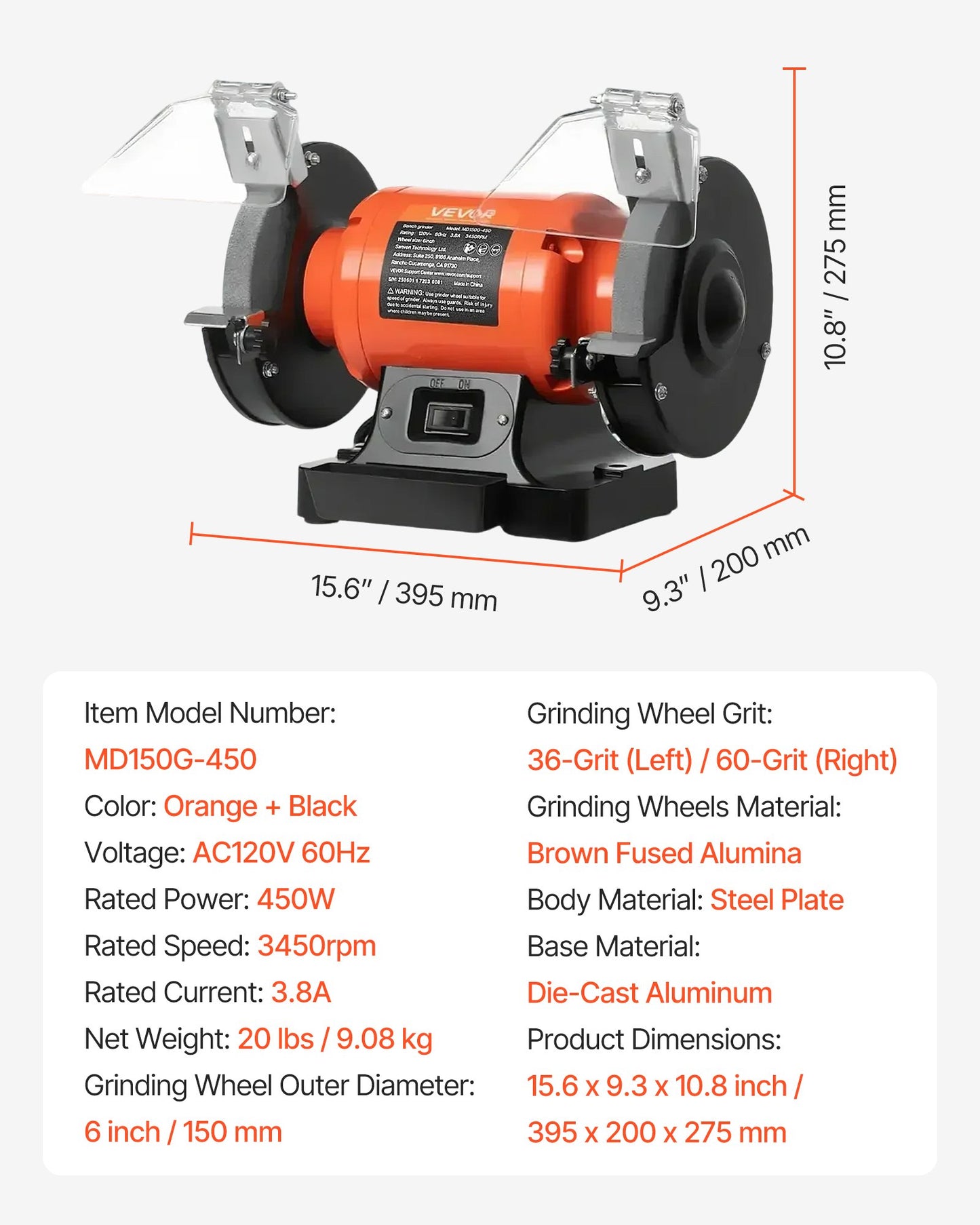 Bench Grinder, 6-inch Single Speed Bench Grinder, 3450RPM High-Speed Table Grinders with 450W 3.8A Induction Motor, 36/60-Grit Grinding Wheel & Adjustable Eye Shield for Fast Sharpening Grinding