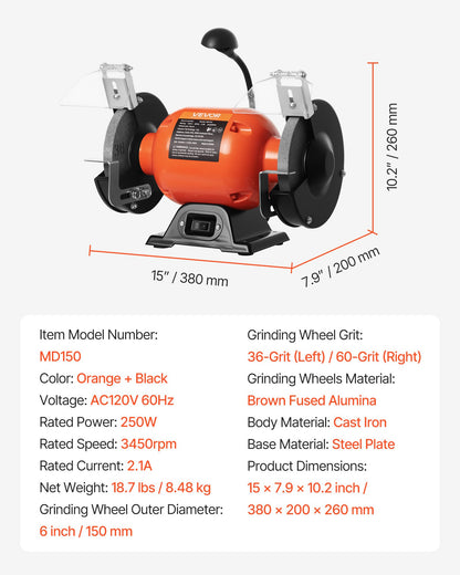 Bench Grinder, 6-inch Single Speed Bench Grinder, 3450RPM High-Speed Table Grinders with 250W 2.1A Induction Motor, 36/60-Grit Grinding Wheels & LED Work Light for Fast Sharpening Grinding
