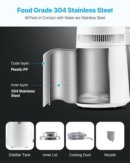 Water Distiller, 6L 1.6 Gallon Larger Pure Water Purifier Filter For Home Table Countertop, 900W Plastic Distilled Maker, Stainless Steel Interior Drinking Machine to Make Clean Waters, White