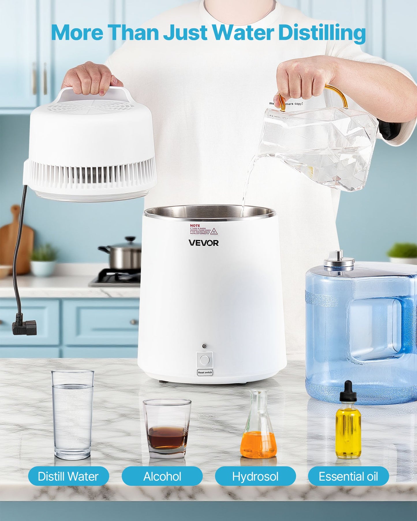 Water Distiller, 6L 1.6 Gallon Larger Pure Water Purifier Filter For Home Table Countertop, 900W Plastic Distilled Maker, Stainless Steel Interior Drinking Machine to Make Clean Waters, White