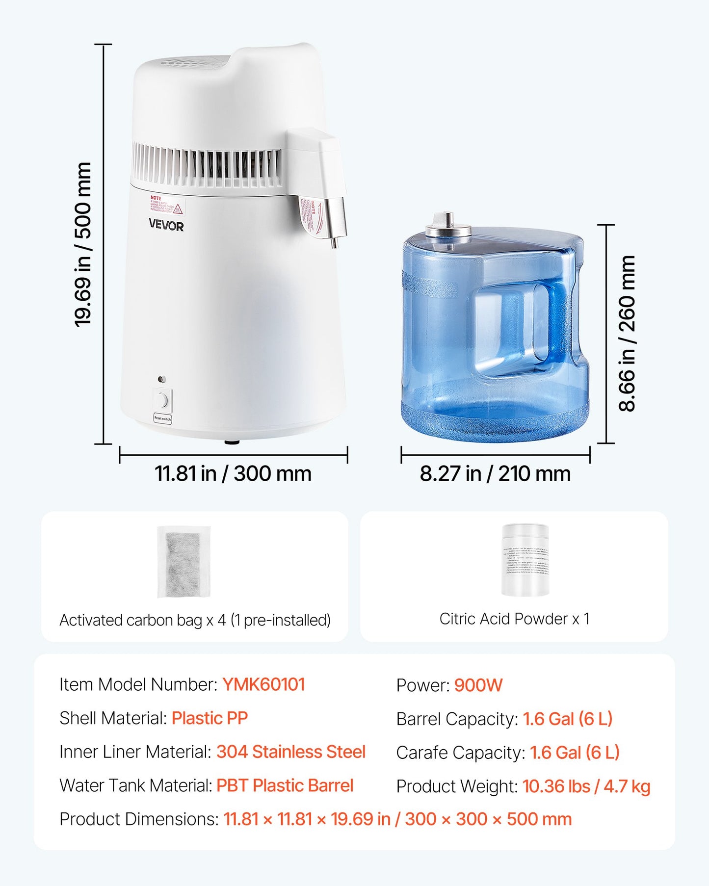 Water Distiller, 6L 1.6 Gallon Larger Pure Water Purifier Filter For Home Table Countertop, 900W Plastic Distilled Maker, Stainless Steel Interior Drinking Machine to Make Clean Waters, White