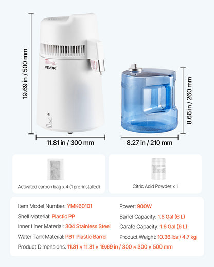 Water Distiller, 6L 1.6 Gallon Larger Pure Water Purifier Filter For Home Table Countertop, 900W Plastic Distilled Maker, Stainless Steel Interior Drinking Machine to Make Clean Waters, White