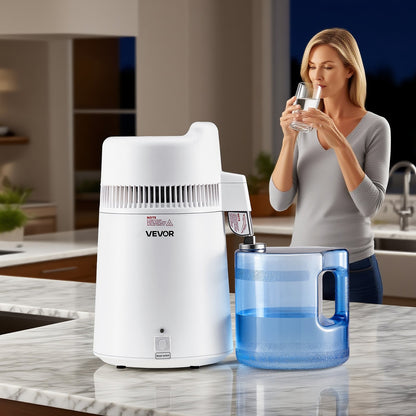 Water Distiller, 6L 1.6 Gallon Larger Pure Water Purifier Filter For Home Table Countertop, 900W Plastic Distilled Maker, Stainless Steel Interior Drinking Machine to Make Clean Waters, White