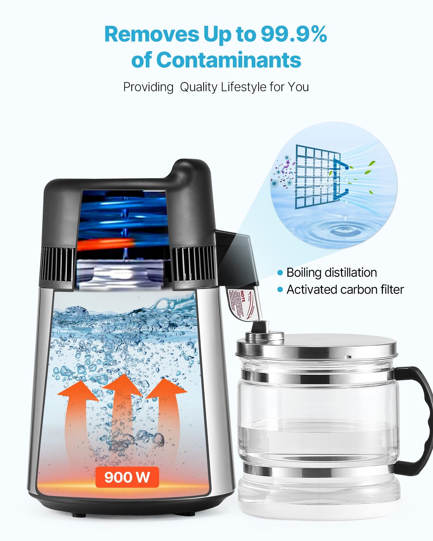 Water Distiller, 6L 1.6 Gallon Larger Pure Water Purifier Filter For Home Table Countertop, 900W Glass Pot Distilled Maker, Stainless Steel Interior Drinking Machine to Make Clean Waters, Silver