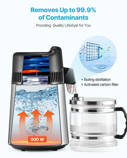 Water Distiller, 6L 1.6 Gallon Larger Pure Water Purifier Filter For Home Table Countertop, 900W Glass Pot Distilled Maker, Stainless Steel Interior Drinking Machine to Make Clean Waters, Silver