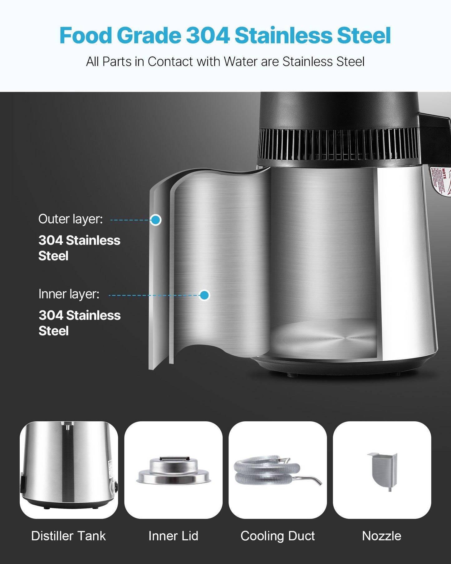 Water Distiller, 6L 1.6 Gallon Larger Pure Water Purifier Filter For Home Table Countertop, 900W Glass Pot Distilled Maker, Stainless Steel Interior Drinking Machine to Make Clean Waters, Silver