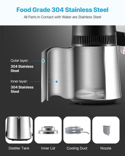 Water Distiller, 6L 1.6 Gallon Larger Pure Water Purifier Filter For Home Table Countertop, 900W Glass Pot Distilled Maker, Stainless Steel Interior Drinking Machine to Make Clean Waters, Silver