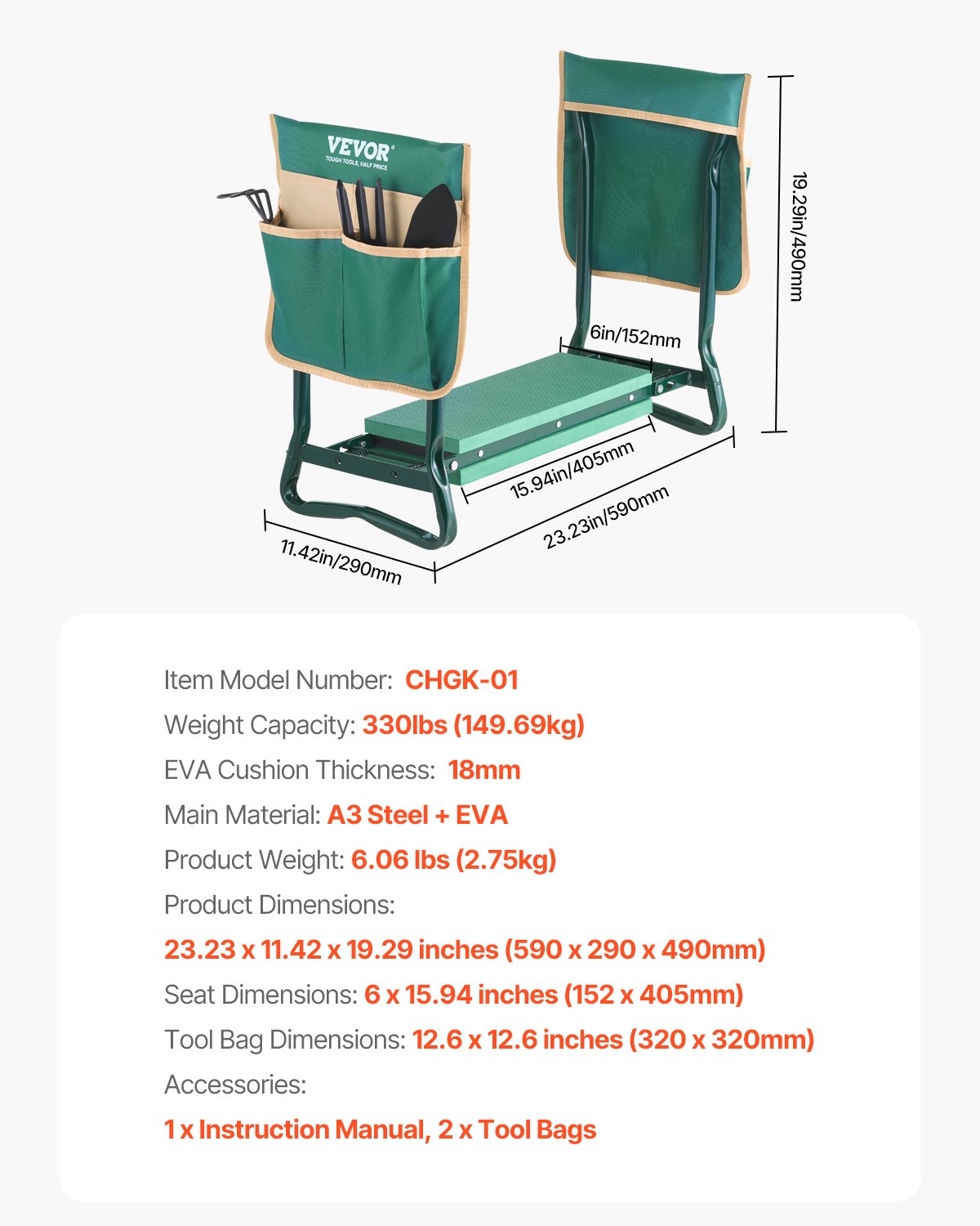 Garden Kneeler and Seat, 6 in Wide Kneeling Pad, Heavy Duty Garden Kneeling Stool, Folding Garden Seat with 2 Tool Bags, Relieve Knee & Back Pain, Portable Garden Bench for Women Grandparents
