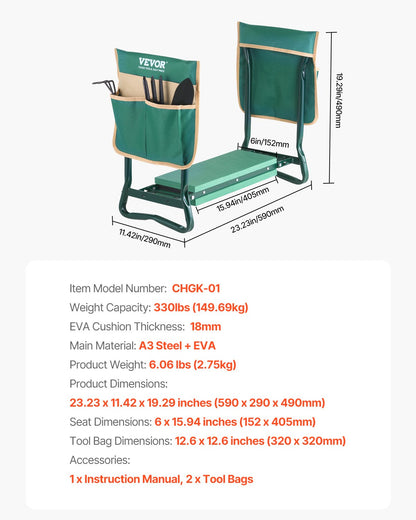 Garden Kneeler and Seat, 6 in Wide Kneeling Pad, Heavy Duty Garden Kneeling Stool, Folding Garden Seat with 2 Tool Bags, Relieve Knee & Back Pain, Portable Garden Bench for Women Grandparents