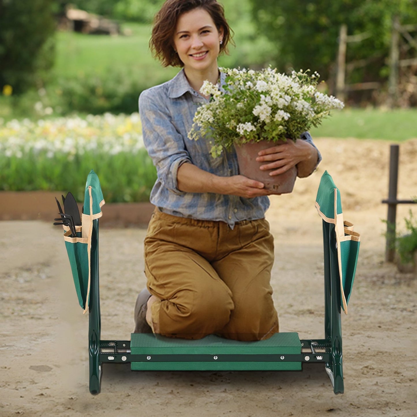 Garden Kneeler and Seat, 6 in Wide Kneeling Pad, Heavy Duty Garden Kneeling Stool, Folding Garden Seat with 2 Tool Bags, Relieve Knee & Back Pain, Portable Garden Bench for Women Grandparents