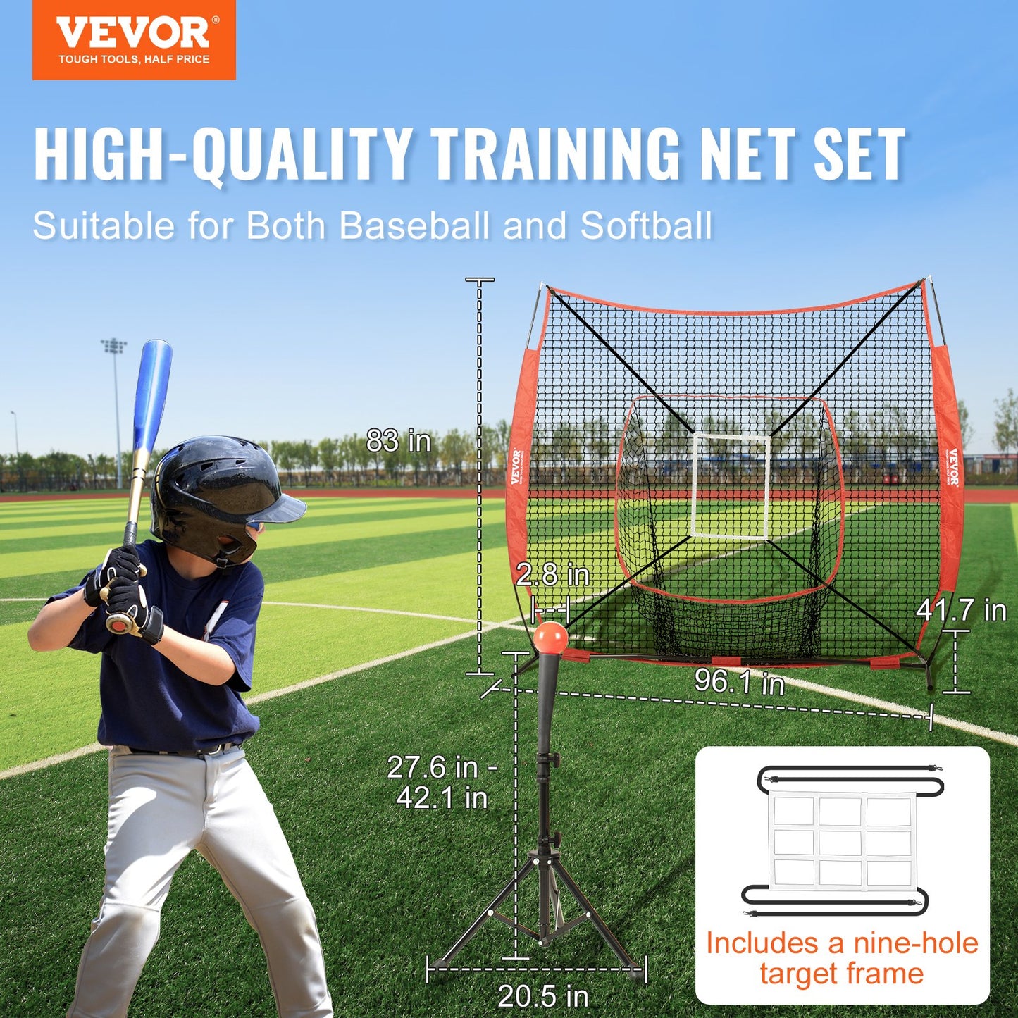 7x7 ft Baseball Softball Training Net, Portable Baseball Training Net for Hitting Batting Catching Pitching, Backstop Baseball Equipment with Hoop Frame, Carrying Bag, Strike Zone, Ball, Batting Tee