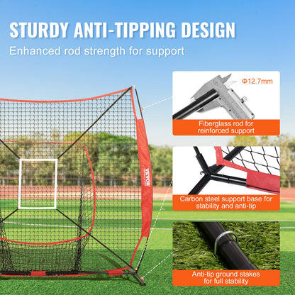 7x7 ft Baseball Softball Training Net, Portable Baseball Training Net for Hitting Batting Catching Pitching, Backstop Baseball Equipment with Hoop Frame, Carrying Bag, Strike Zone, Ball, Batting Tee