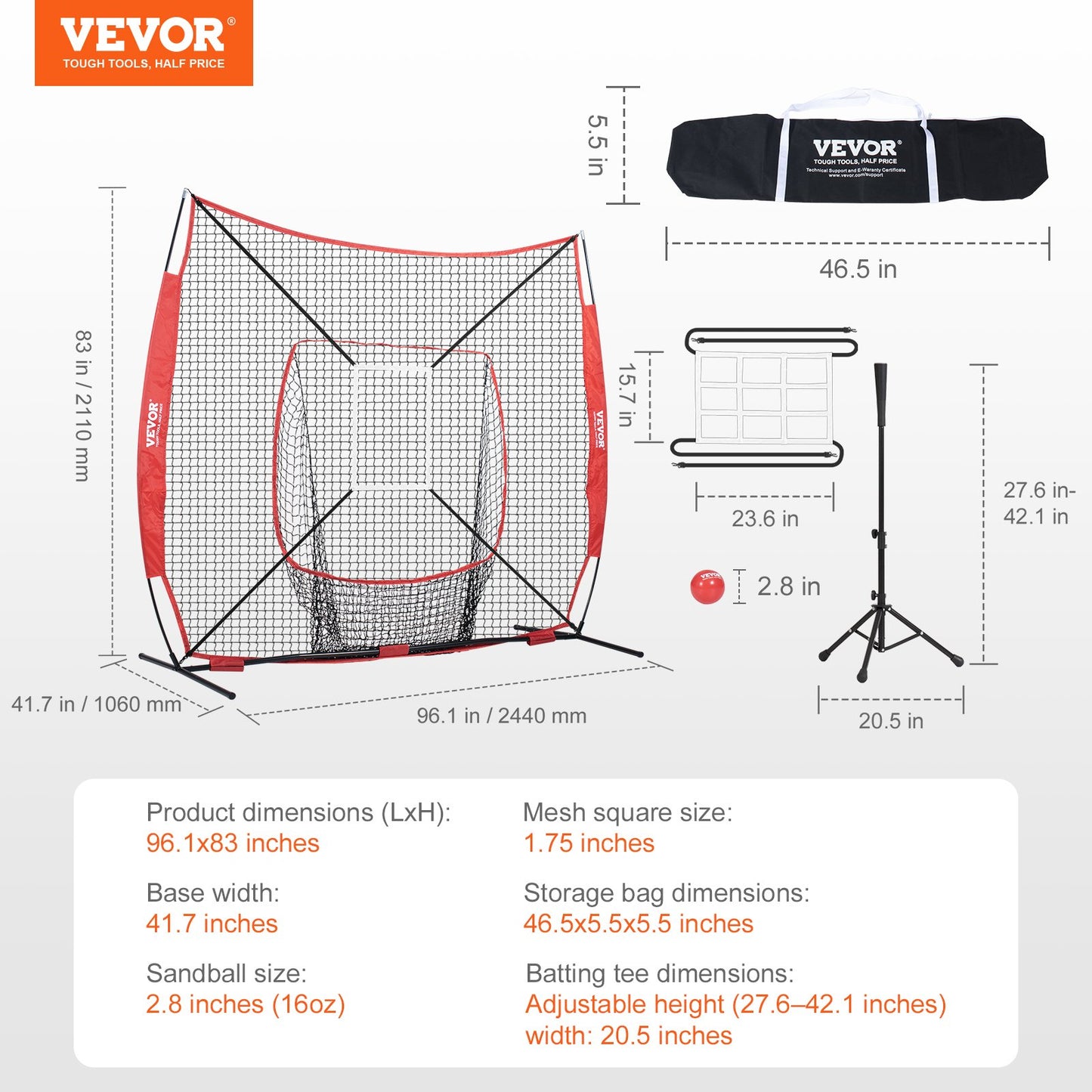 7x7 ft Baseball Softball Training Net, Portable Baseball Training Net for Hitting Batting Catching Pitching, Backstop Baseball Equipment with Hoop Frame, Carrying Bag, Strike Zone, Ball, Batting Tee