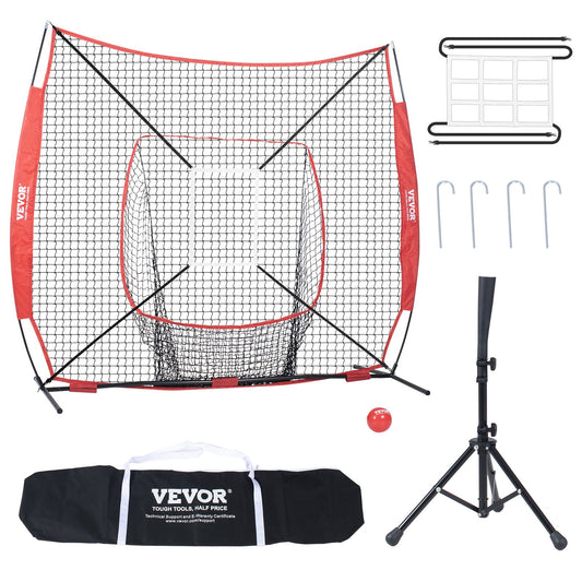 7x7 ft Baseball Softball Training Net, Portable Baseball Training Net for Hitting Batting Catching Pitching, Backstop Baseball Equipment with Hoop Frame, Carrying Bag, Strike Zone, Ball, Batting Tee