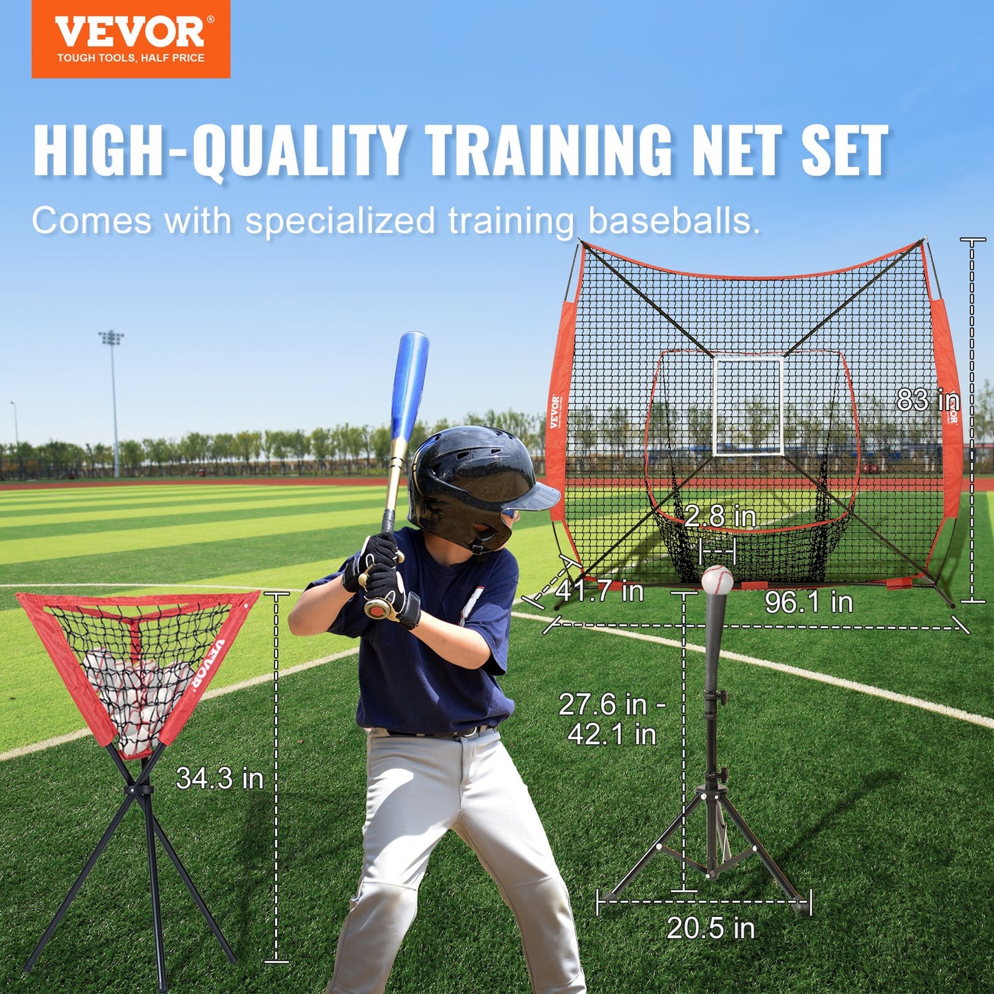 7x7 ft Baseball Softball Training Net, Portable Baseball Training Net for Hitting Catching Pitching, Backstop Equipment with Bow, Carrying Bag, Strike Zone, 12 Balls, Tee and Ball Collector